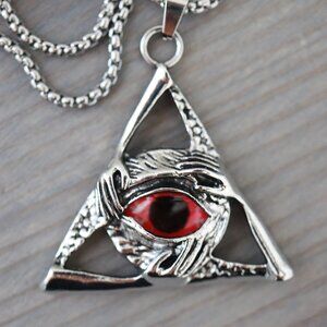 Evil Eye Red Triangle Shape with Hands Pendant Necklace Silver Stainless Steel